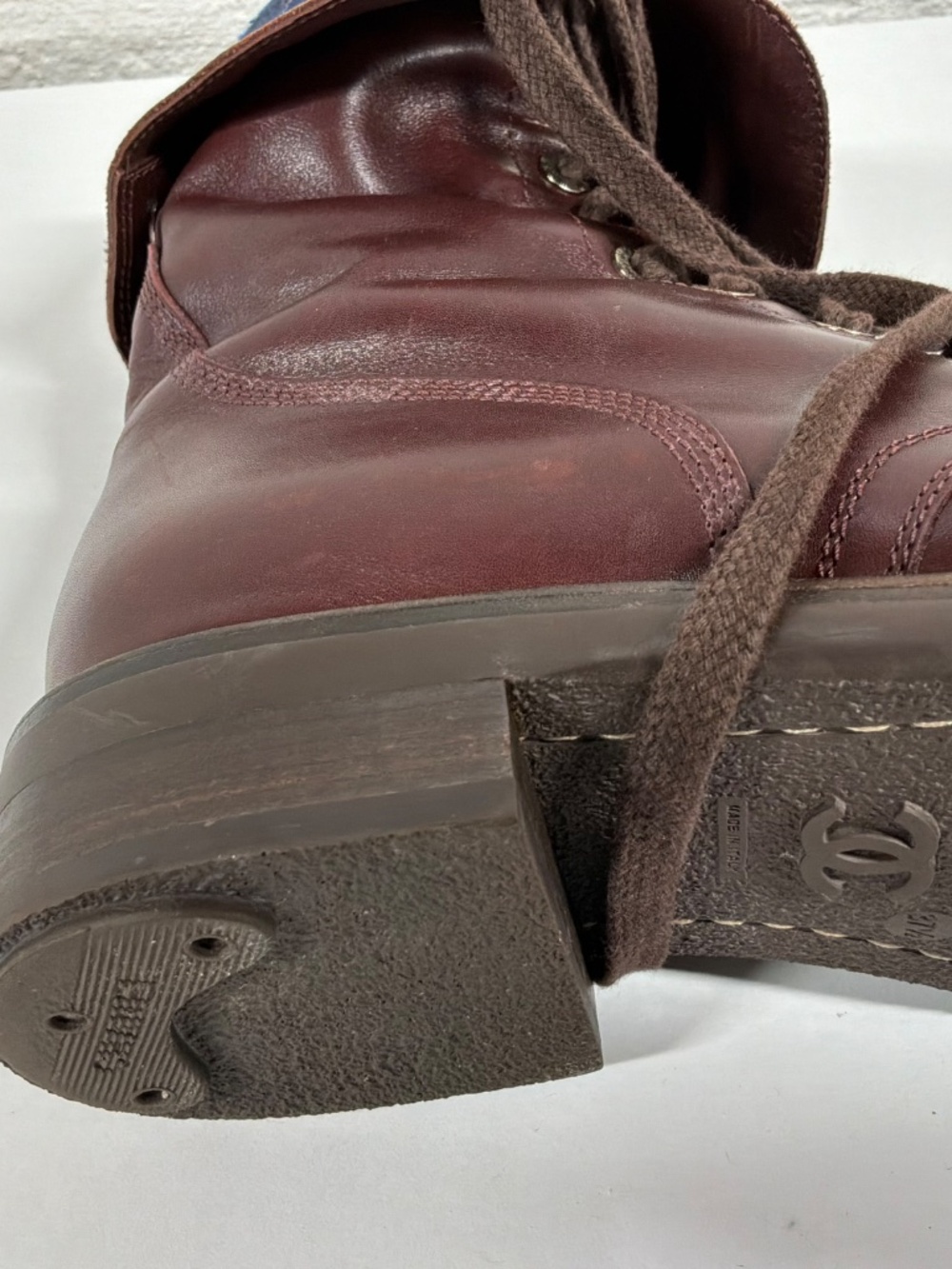 Vintage 90's CHANEL CC Logo COMBAT Biker Moto Brown Lace Up Leather Boots  37.5 - Picture 7 of 16